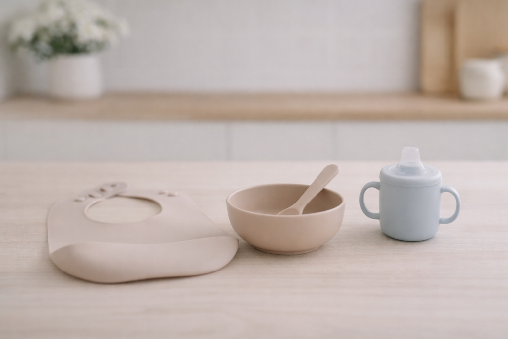 Veselă pentru diversificare la început pe o masă luminoasă