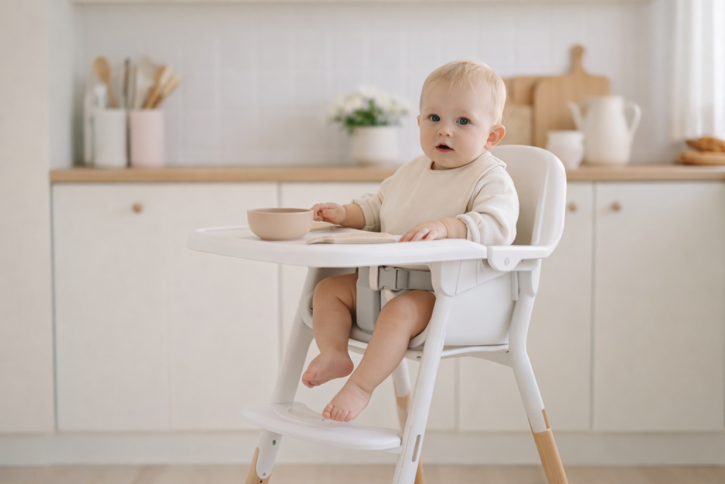 Scaun de masă pentru bebeluș într-o bucătărie luminoasă