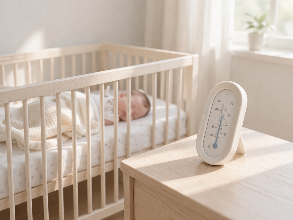 Termometru de cameră lângă pătuțul unui bebeluș, într-un dormitor luminos și calm