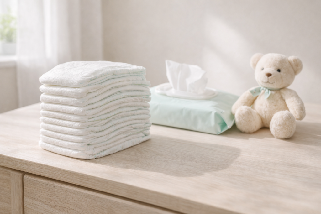 Scutece de bebeluș așezate ordonat, imagine pentru articolul despre câte scutece folosește un bebeluș pe zi