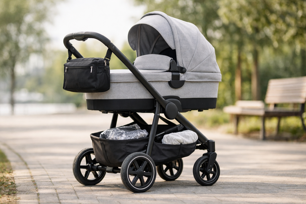 Cărucior de bebeluș cu accesorii utile pentru plimbări, fotografiat într-un cadru luminos și calm