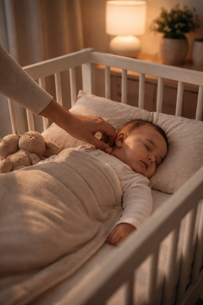 Părinte verificând dacă bebelușului îi este prea cald sau prea frig în timpul somnului de noapte