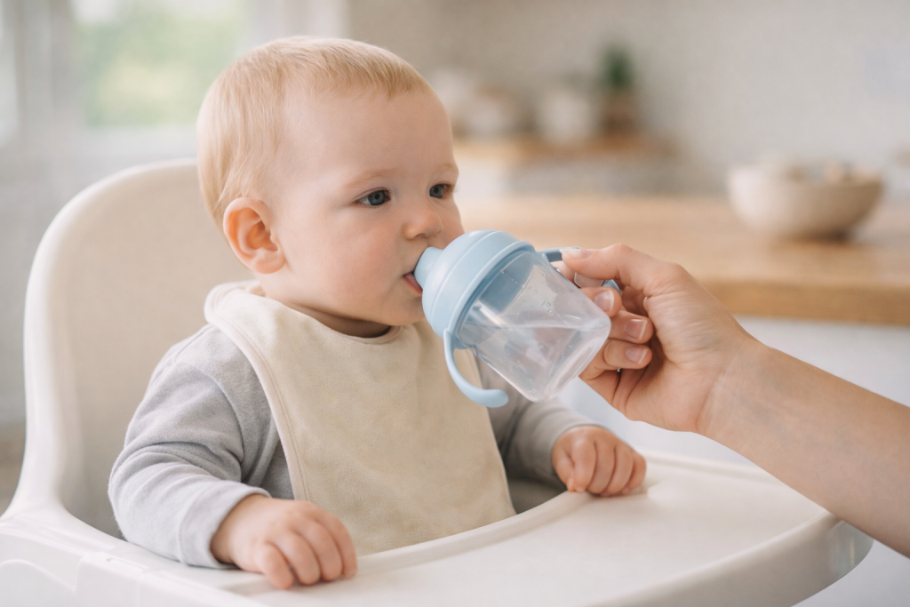 Când poate bebelușul să bea apă, ilustrat printr-un bebeluș la masă căruia i se oferă apă