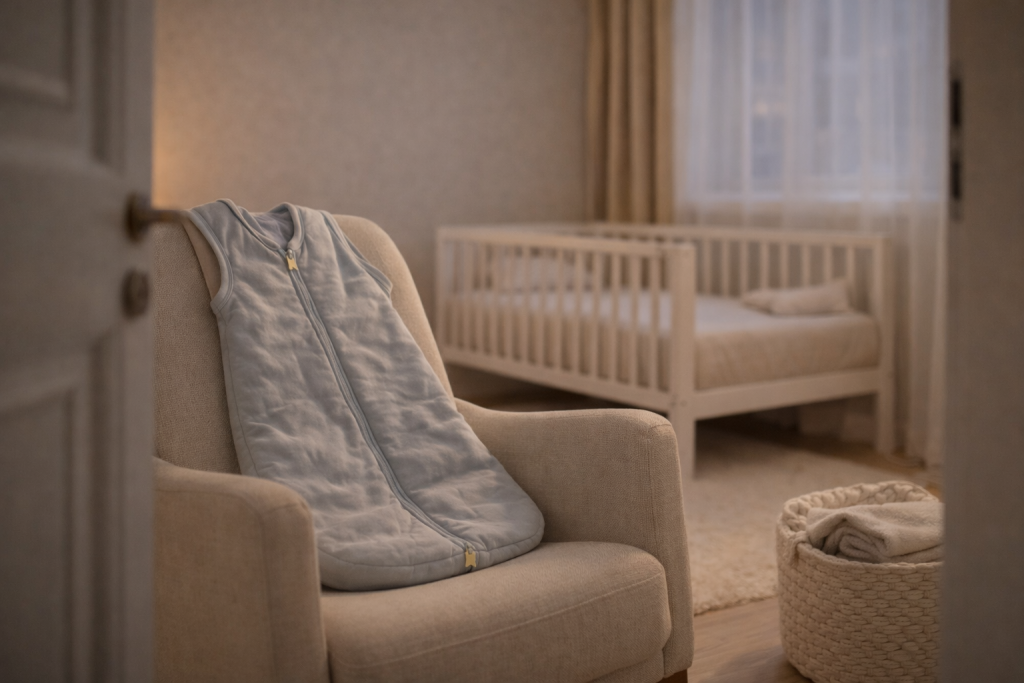 Sac de dormit pregătit lângă un pătuț de bebeluș într-un dormitor calm, cu păturică pliată pe comodă