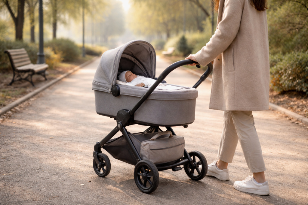 Părinte plimbând un nou-născut într-un cărucior cu landou, într-un cadru urban calm