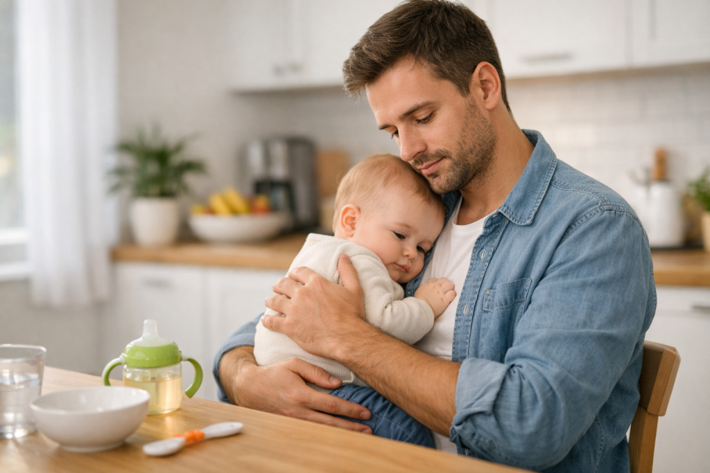 Părinte care ține în siguranță un bebeluș în brațe în timpul mesei