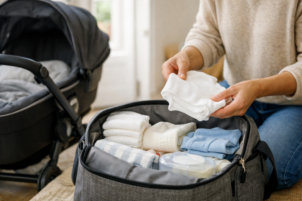 Părinte care pregătește geanta pentru prima plimbare cu nou-născutul lângă cărucior