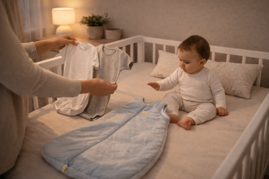 Părinte pregătind bebelușul pentru somn și alegând hainele potrivite sub sacul de dormit