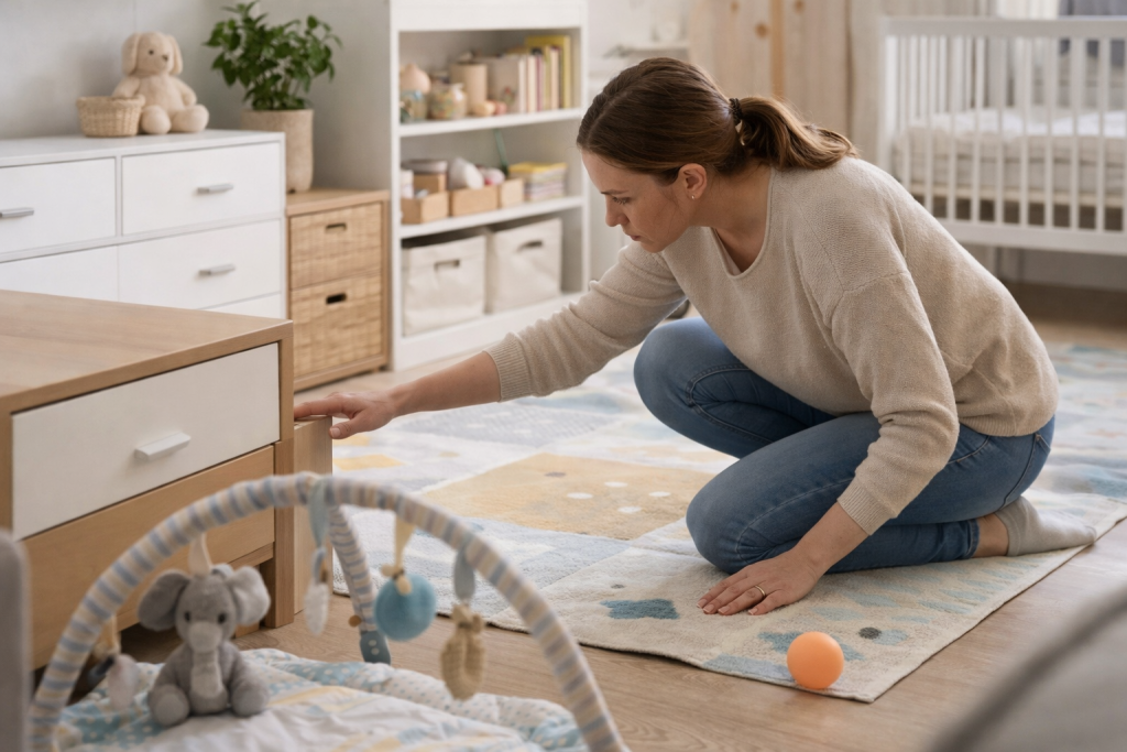 Cum faci casa mai sigură pentru un bebeluș, ilustrat printr-un părinte care verifică spațiul de la nivelul podelei