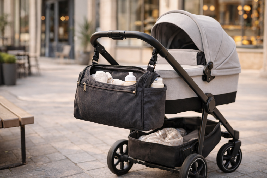 Geantă pentru cărucior prinsă de mânerul unui cărucior modern, într-un cadru luminos de plimbare