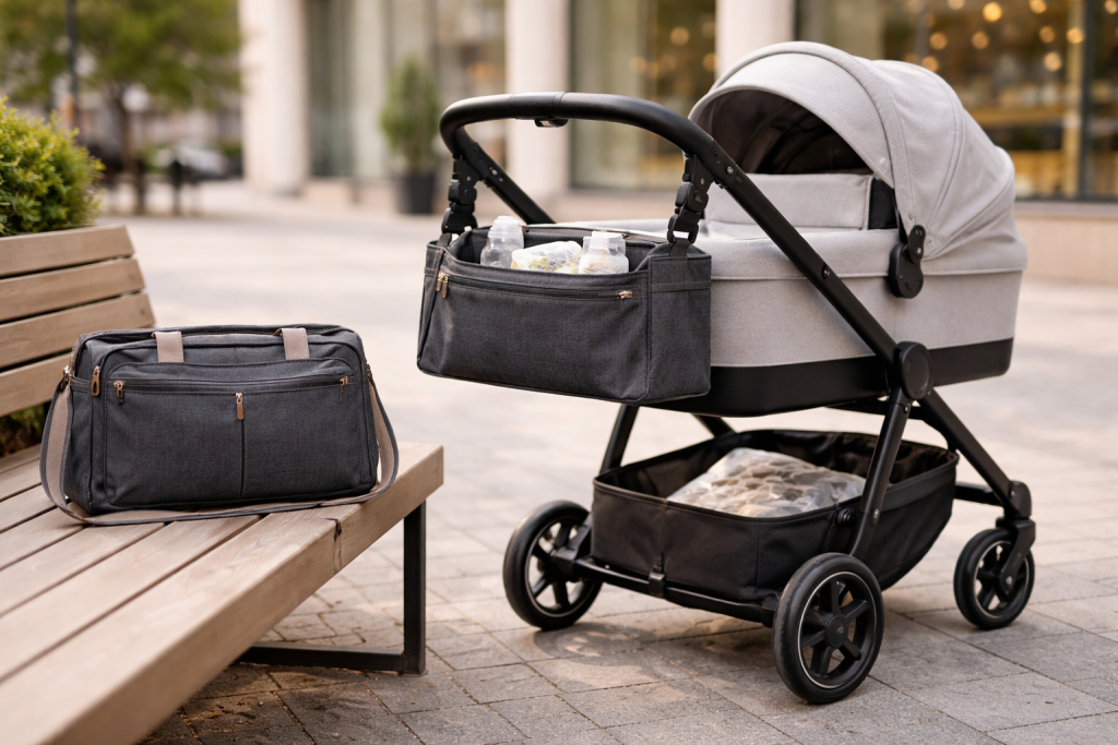 Organizator pentru cărucior și geantă clasică de plimbare lângă un cărucior modern, într-un cadru urban calm