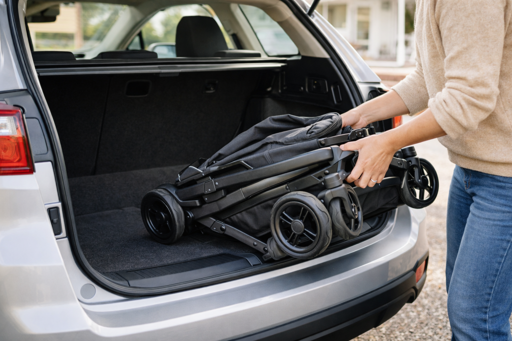 Părinte care verifică dacă încape căruciorul copilului în portbagajul mașinii