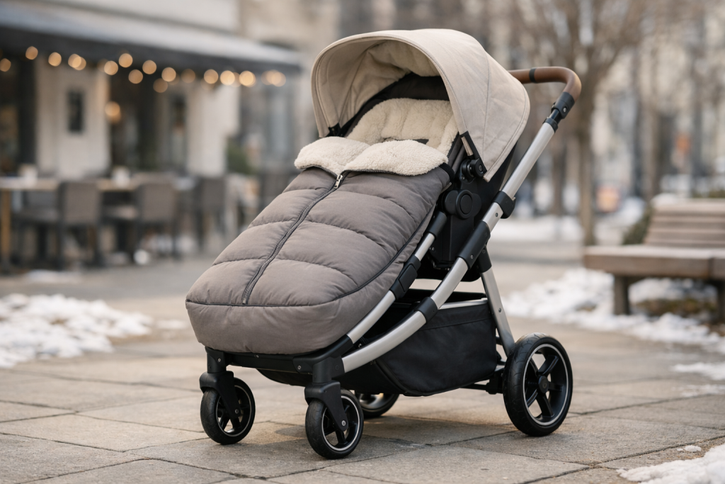 Cărucior modern cu sac de iarnă montat, fotografiat într-un cadru urban calm de sezon rece