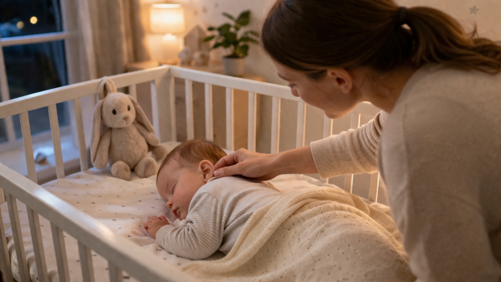 Semne că bebelușului îi este frig noaptea, ilustrate printr-un părinte care verifică ușor ceafa bebelușului adormit