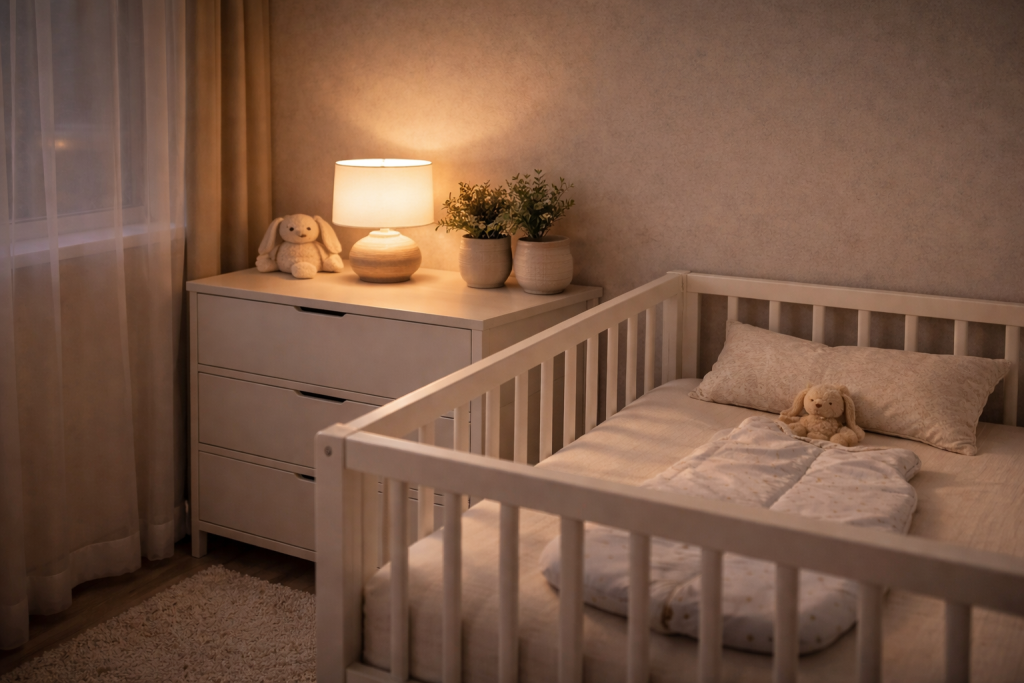 Lampă de veghe așezată lateral în camera bebelușului, lângă un pătuț alb