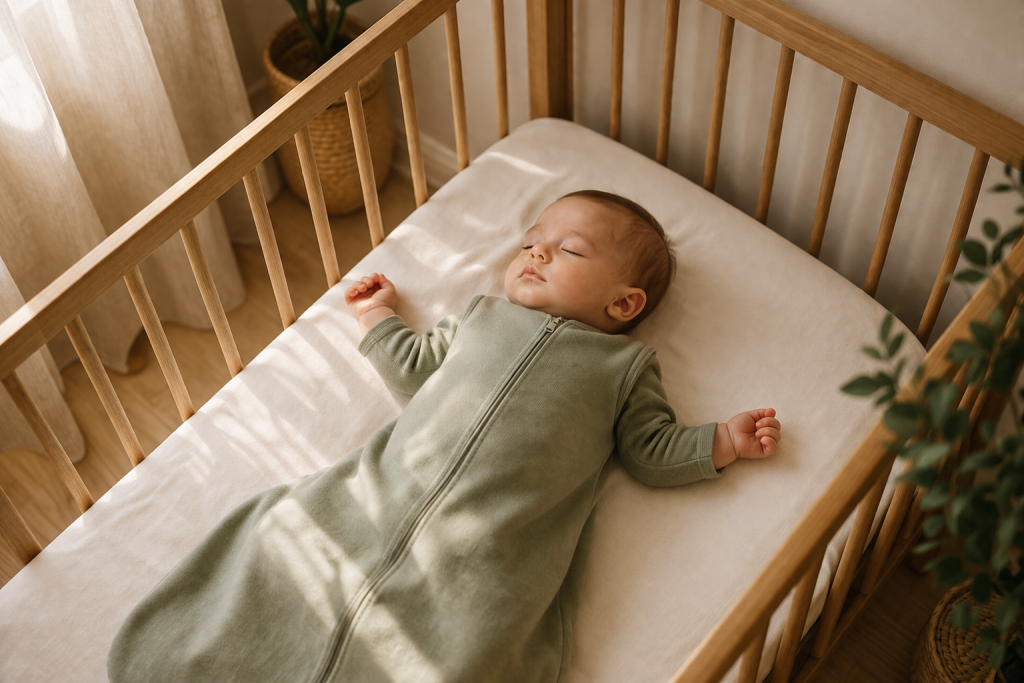 Bebeluș care doarme liniștit în pătuț, pe spate, fără perne sau jucării