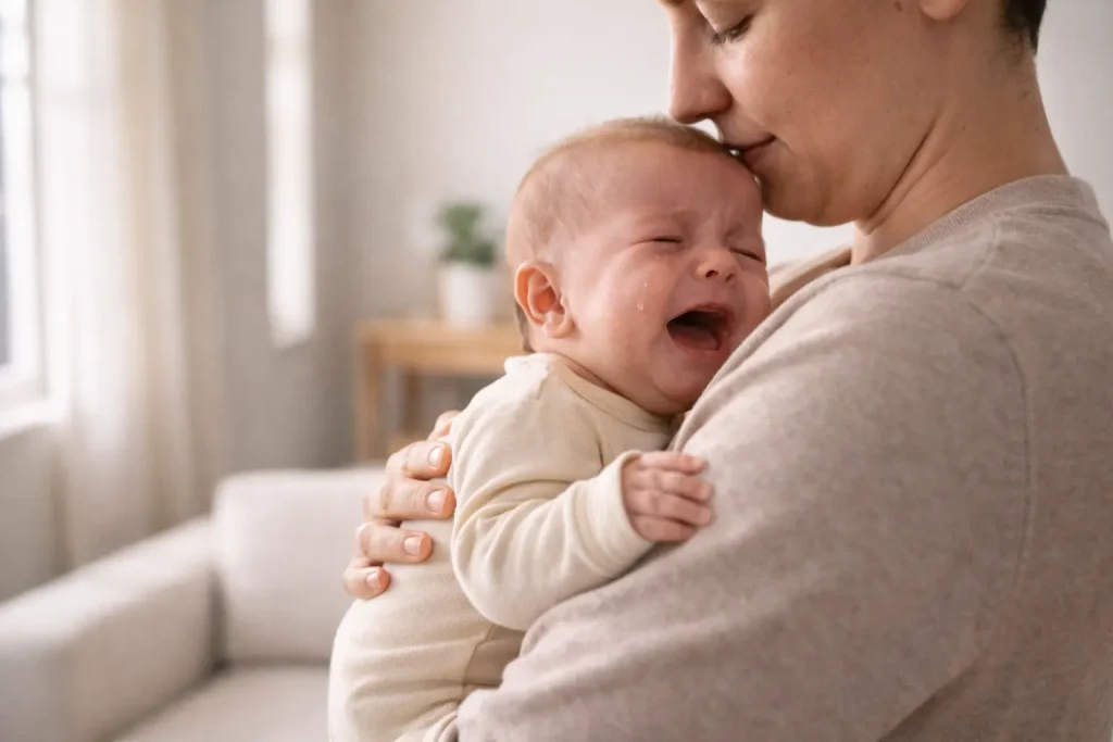 Bebeluș care plânge în brațele unui părinte calm, lumină naturală caldă