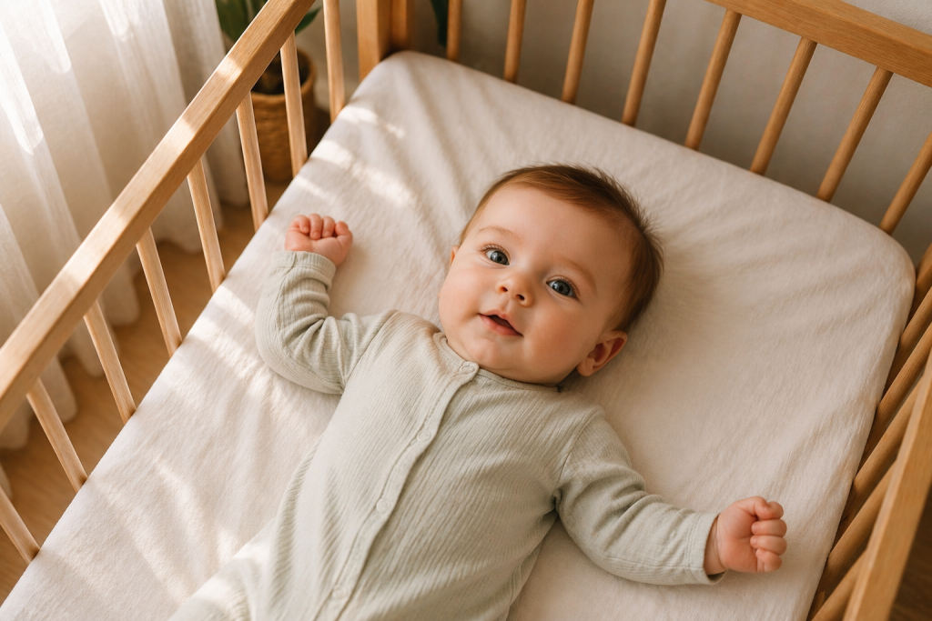 Bebeluș treaz și zâmbitor după somn, cu ochii deschiși și expresie relaxată