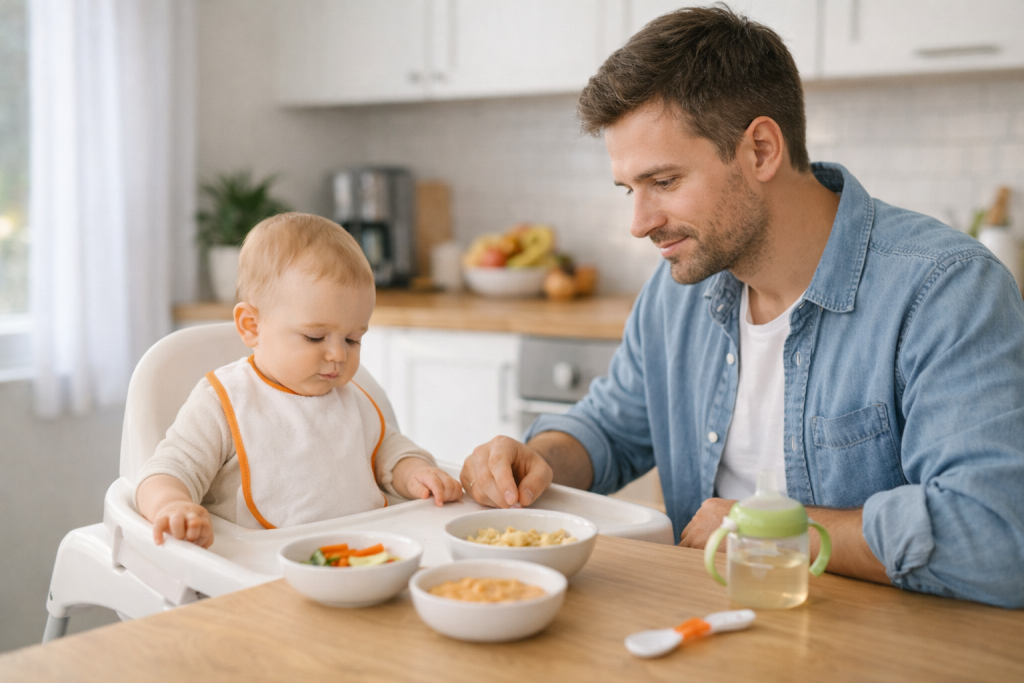 Bebeluș la masa de diversificare cu alimente potrivite în primul an