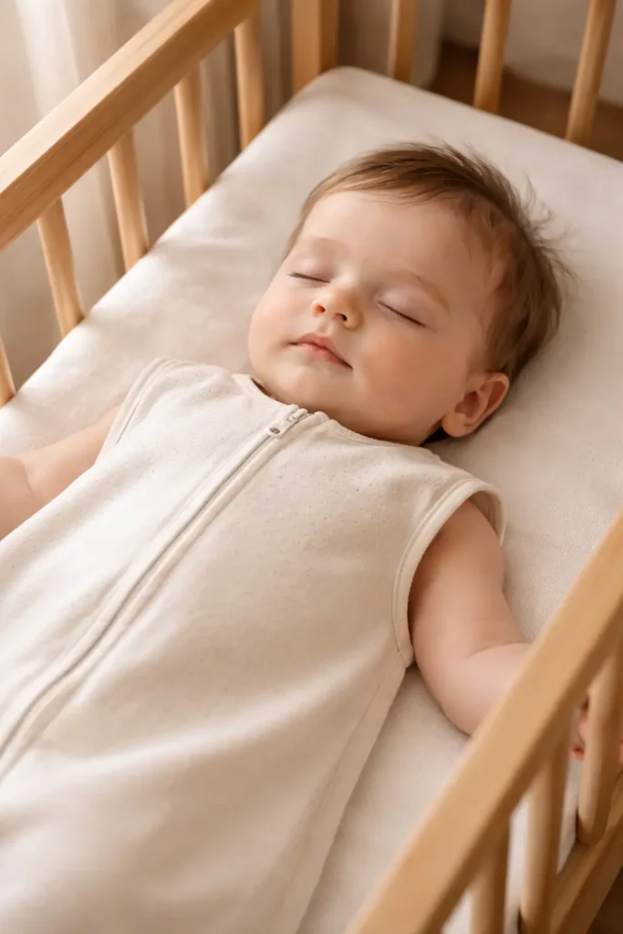 Bebeluș care doarme liniștit în pătuț, lumină naturală blândă de dimineață