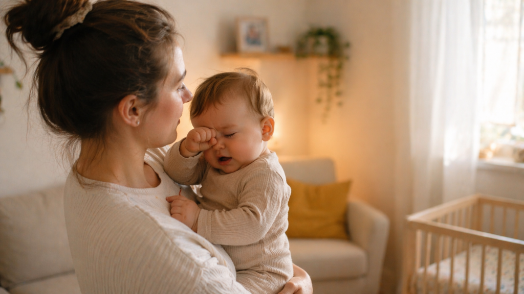 Bebeluș obosit care dă semne de somn în brațele părintelui