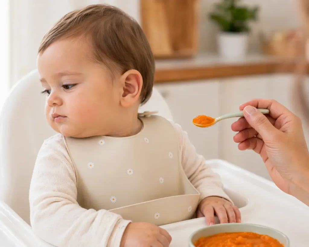 Bebeluș care întoarce capul de la lingură cu piure la masă. bebelușul refuză să mănânce