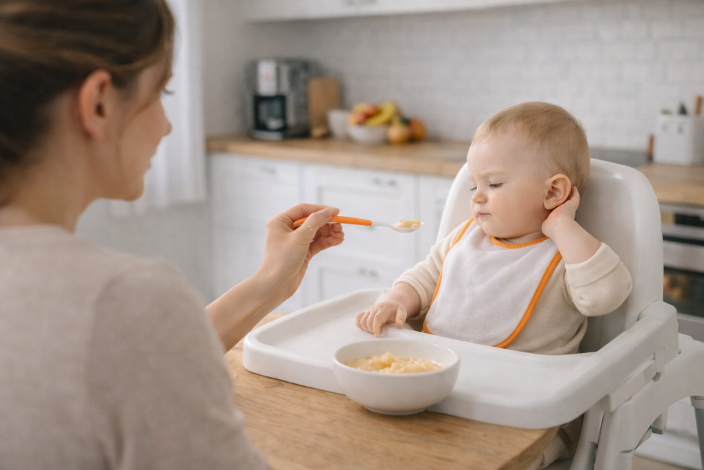 Bebeluș care refuză mâncarea la masă, semn că este sătul