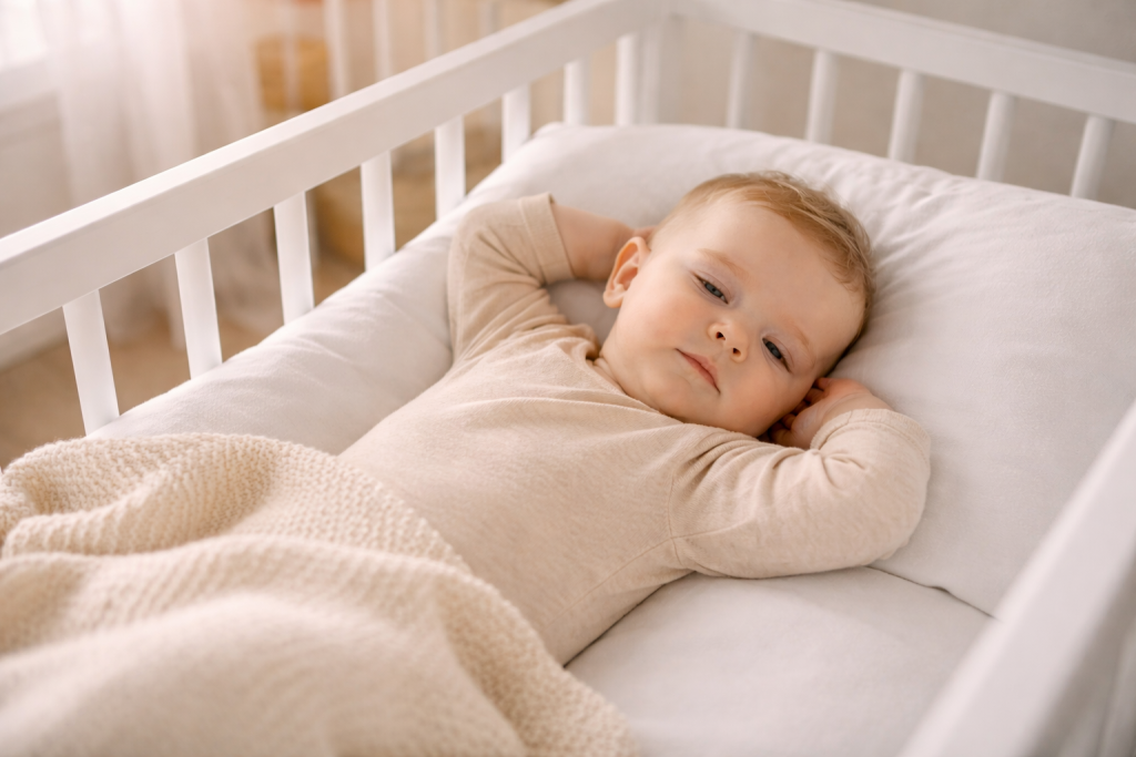 Bebeluș care se trezește după un somn scurt în pătuț