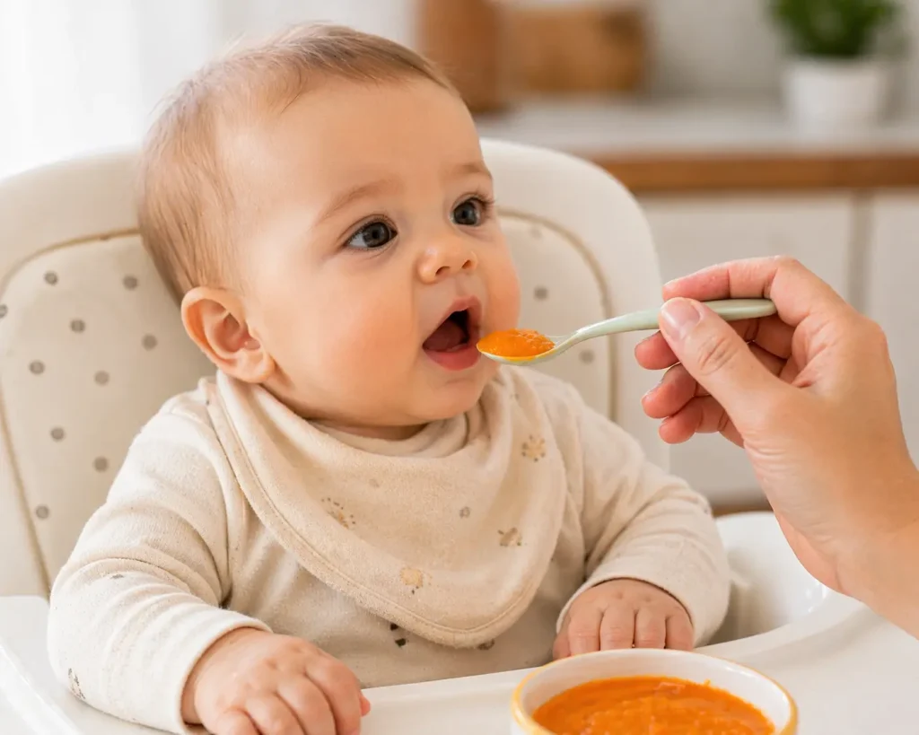 Bebeluș de 6 luni care privește curios o lingură cu piure la prima diversificare
