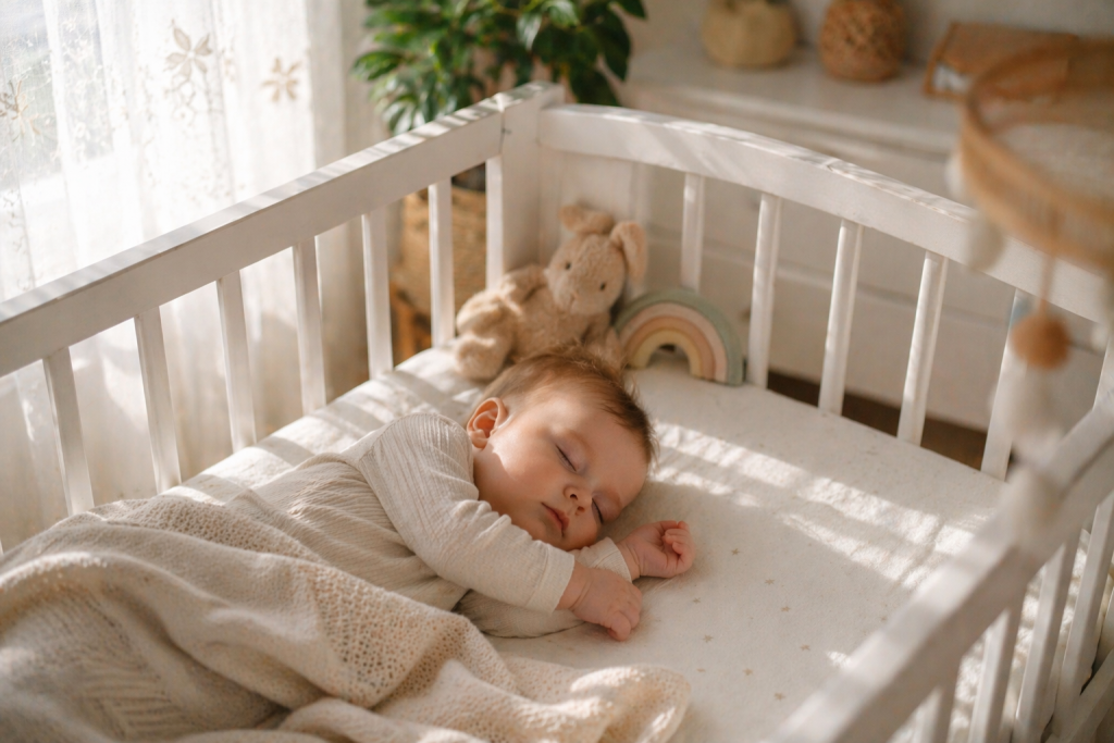 Bebeluș care doarme liniștit în pătuț — ore de somn recomandate 
pe luni în primul an de viață