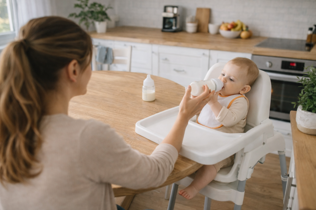 Mamă și bebeluș într-o rutină de hrănire, într-o bucătărie luminoasă