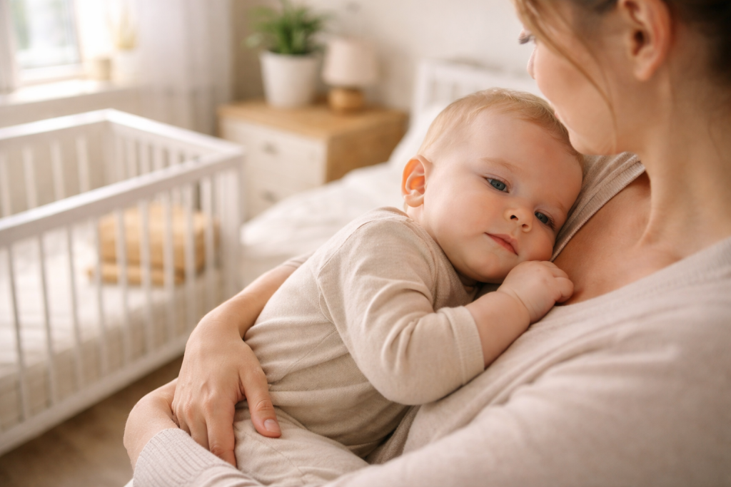 Bebeluș liniștit înainte de somn într-o rutină de culcare