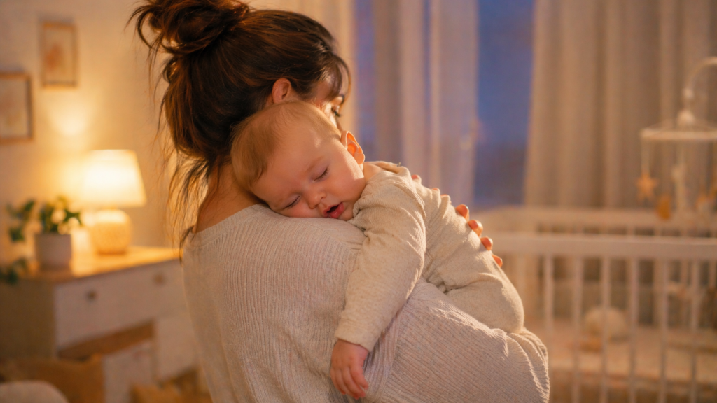 Părinte liniștind un bebeluș înainte de somn în brațe