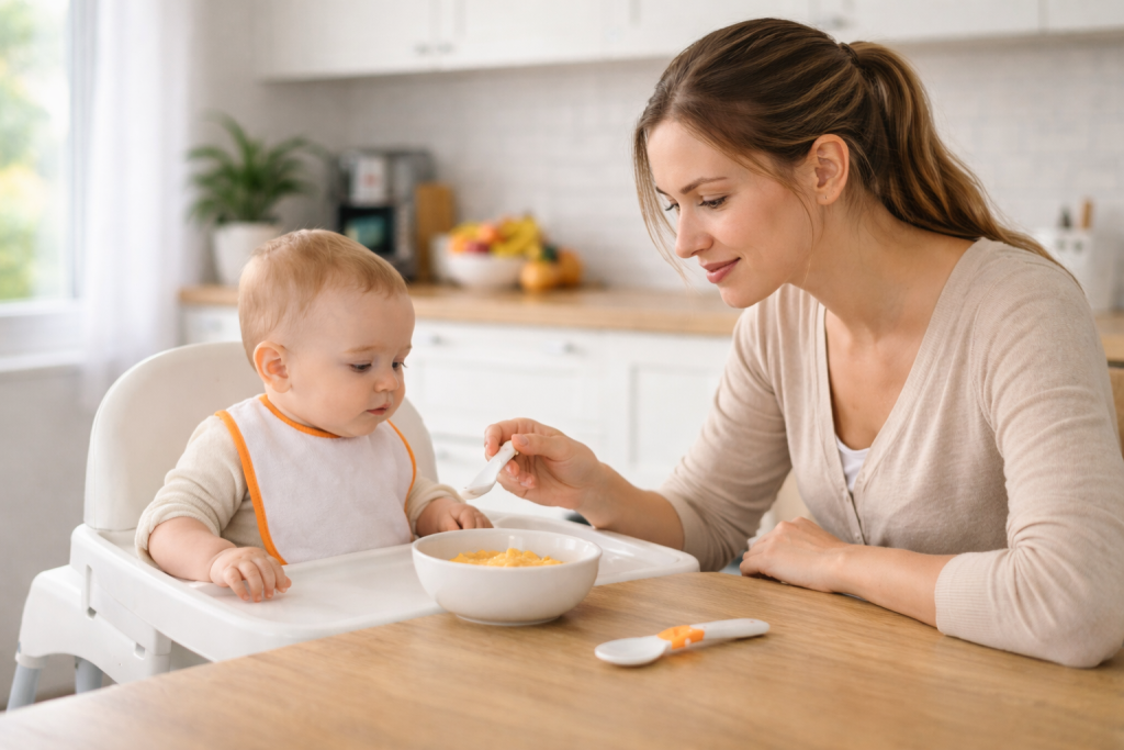 Bebeluș la masă alături de un părinte atent într-o rutină normală de hrănire