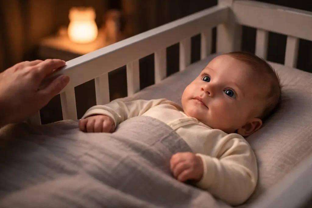 Bebeluș de 4 luni treaz noaptea în pătuț, cu ochii deschiși, expresie alertă