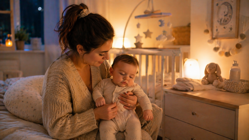 Rutina de somn a unui bebeluș înainte de culcare într-o cameră liniștită